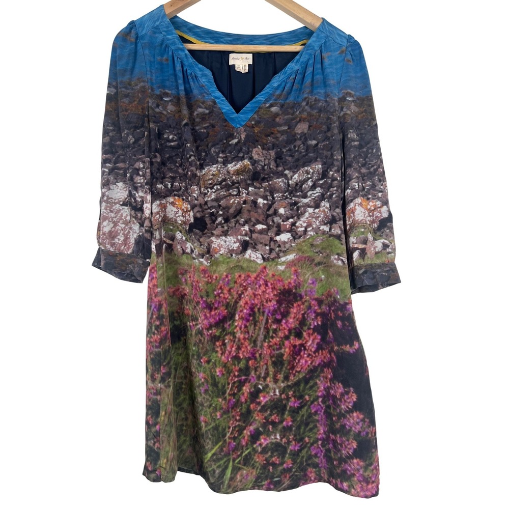 Meadow Rue Anthropologie Silk Landscape Print Dress V-Neck 3/4 Sleeve Size 4